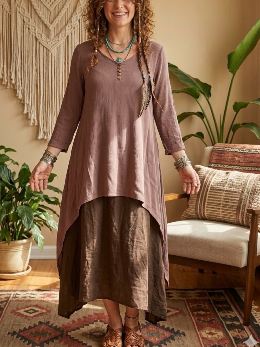 Boho High-Low Layered Dress in Taupe maxi aesthetic Dress Size Medium